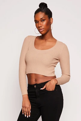 Womens Rib Knit Scoop Neck Long Sleeve Crop Top,