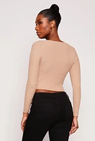 Womens Rib Knit Scoop Neck Long Sleeve Crop Top, S