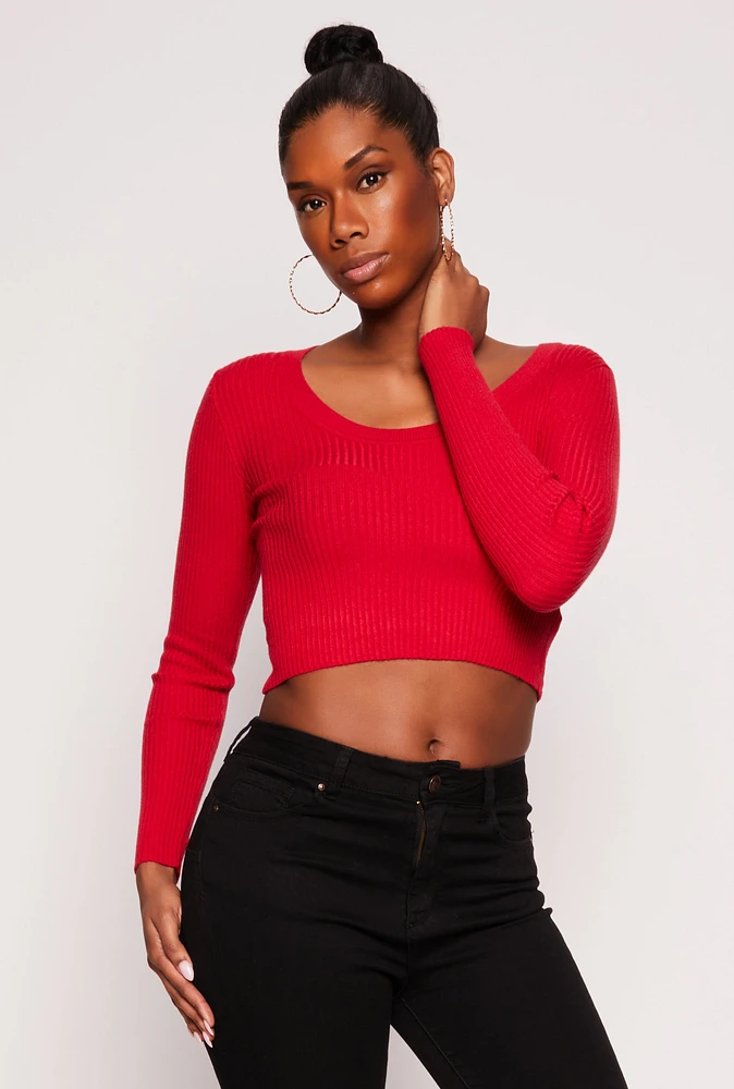 Womens Rib Knit Scoop Neck Long Sleeve Crop Top, Red, Size L