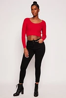 Womens Rib Knit Scoop Neck Long Sleeve Crop Top, Red, Size L