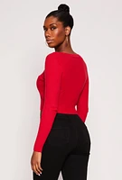 Womens Rib Knit Scoop Neck Long Sleeve Crop Top, Red, Size L