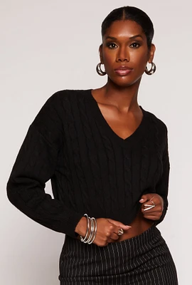 Womens Cable Knit V Neck Cropped Sweater, Black, Size M