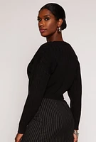 Womens Cable Knit V Neck Cropped Sweater, Black, Size M