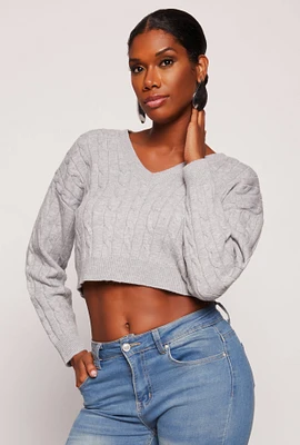 Womens Cable Knit V Neck Cropped Sweater, Grey, Size S