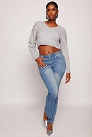Womens Cable Knit V Neck Cropped Sweater, Grey, Size S