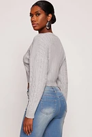 Womens Cable Knit V Neck Cropped Sweater, Grey, Size S