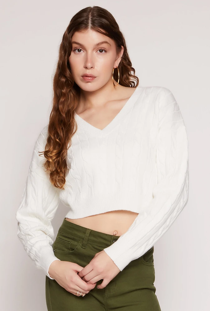 Womens Cable Knit V Neck Cropped Sweater, White, Size S