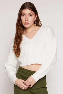 Womens Cable Knit V Neck Cropped Sweater, White, Size S