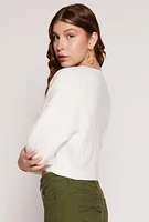 Womens Cable Knit V Neck Cropped Sweater, White, Size S