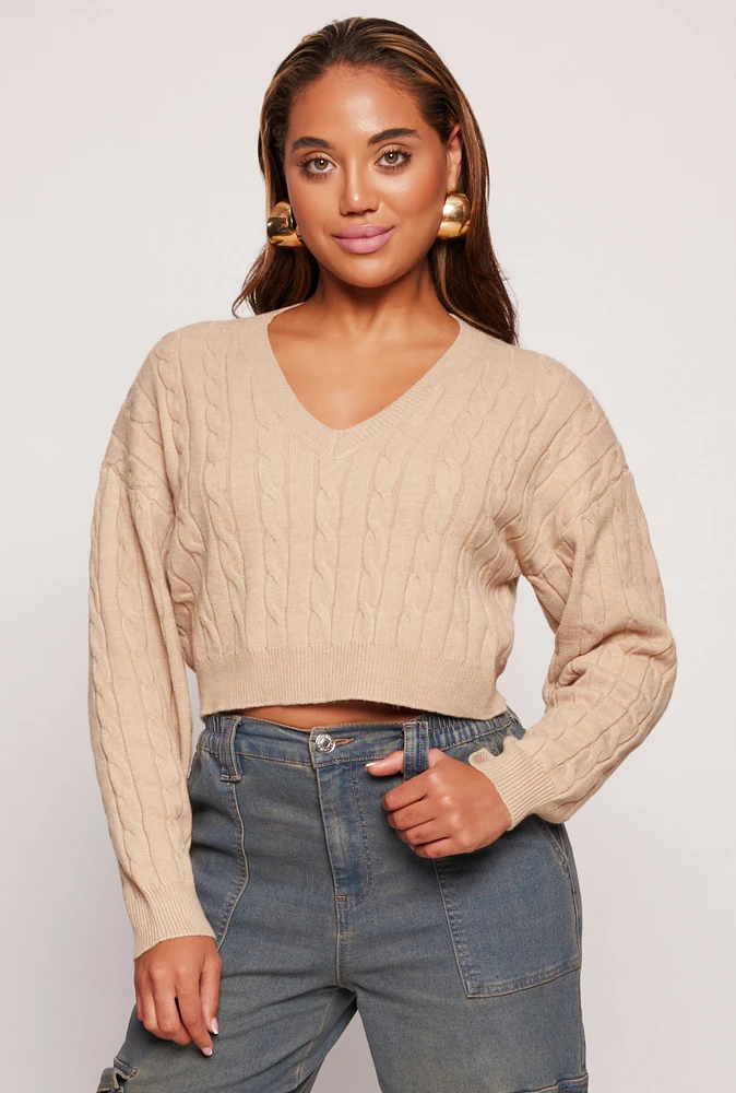 Womens Cable Knit V Neck Cropped Sweater,