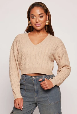 Womens Cable Knit V Neck Cropped Sweater,