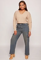 Womens Cable Knit V Neck Cropped Sweater,