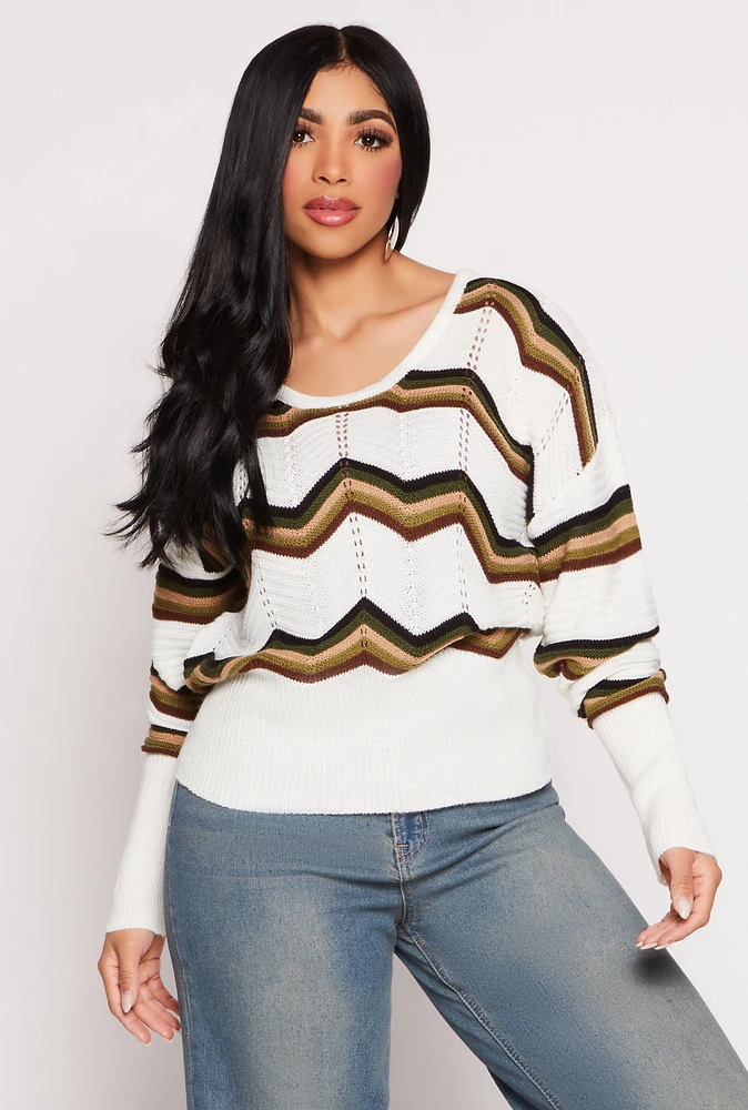 Womens Chevron Stripe Caged Back Sweater, White, Size L