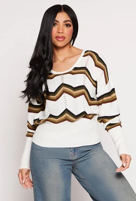 Womens Chevron Stripe Caged Back Sweater, White, Size S