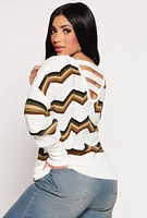 Womens Chevron Stripe Caged Back Sweater, White, Size L