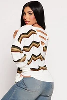 Womens Chevron Stripe Caged Back Sweater, White, Size S