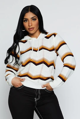Womens Chevron Pointelle Knit Hooded Sweater, White, Size S