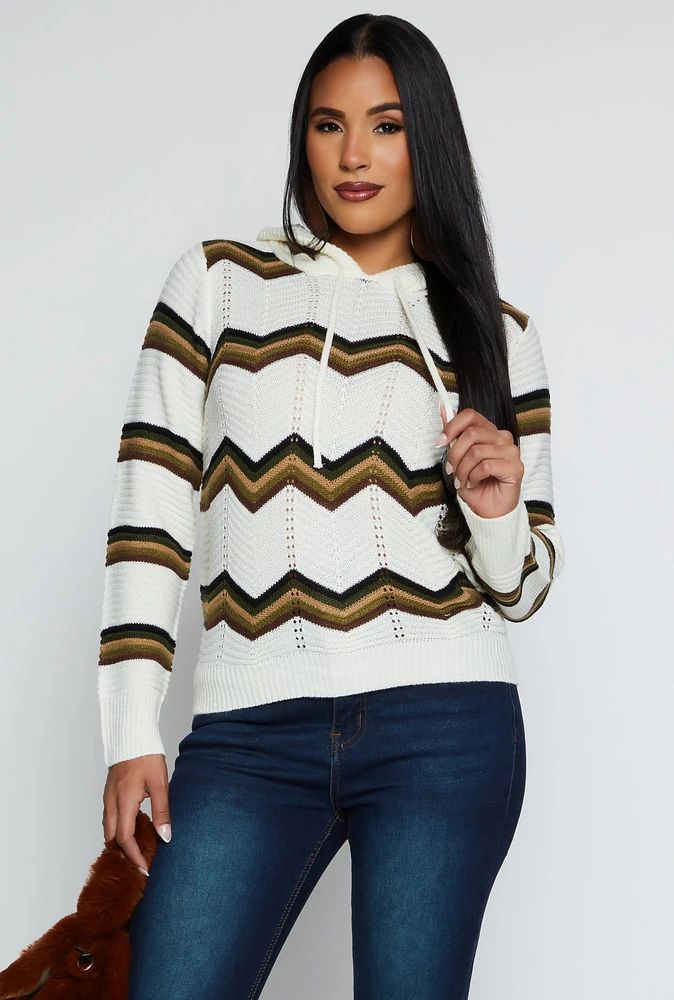Womens Chevron Pointelle Knit Hooded Sweater, White,