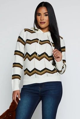 Womens Chevron Pointelle Knit Hooded Sweater, White,