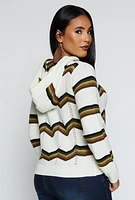 Womens Chevron Pointelle Knit Hooded Sweater, White,