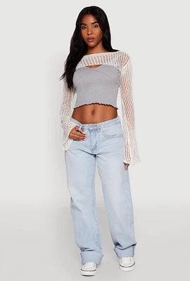 Womens Crochet Bell Sleeve Shrug, White, Size XL