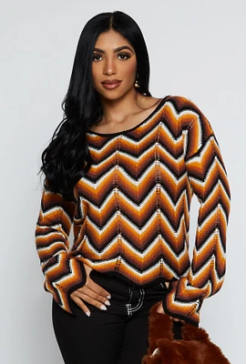 Womens Crochet Chevron Bell Sleeve Sweater, Multi,