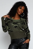 Womens Camo Caged V Back Sweater, Green, Size XL