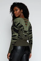 Womens Camo Caged V Back Sweater, Green, Size XL