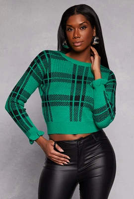 Womens Plaid Ruffle Sleeve Sweater, Green,