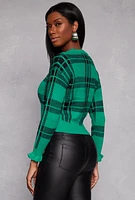 Womens Plaid Ruffle Sleeve Sweater, Green, Size S