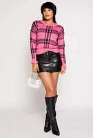 Womens Plaid Ruffle Sleeve Sweater, Pink, Size M