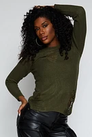 Womens Distressed Crew Neck Sweater, Green,