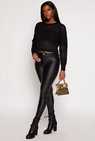 Womens Crochet Crew Neck Sweater, Black, Size M