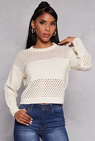 Womens Crochet Crew Neck Sweater, Beige, Size XL