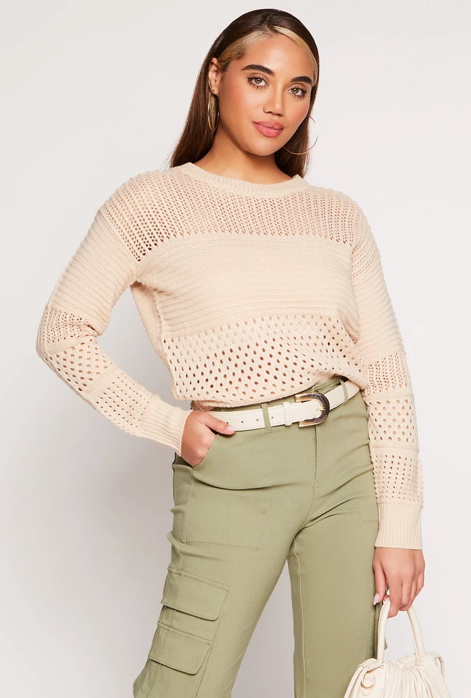 Womens Crochet Crew Neck Sweater, Beige, Size S