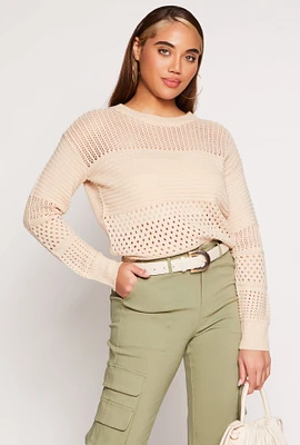 Womens Crochet Crew Neck Sweater, Beige, Size S