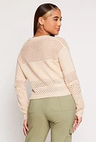 Womens Crochet Crew Neck Sweater, Beige, Size S