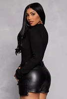 Womens Ribbed Long Sleeve Mock Neck Bodysuit, Black, Size L