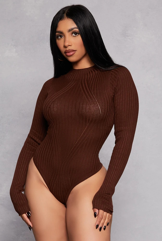 Womens Ribbed Long Sleeve Mock Neck Bodysuit, Brown, Size M