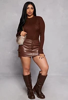 Womens Ribbed Long Sleeve Mock Neck Bodysuit, Brown, Size M