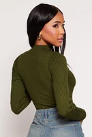 Womens Ribbed Long Sleeve Mock Neck Bodysuit, Green, Size L