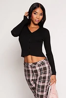 Womens Ribbed Knit Button Front Cardigan, Black, Size M