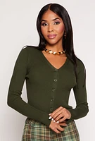 Womens Ribbed Knit Button Front Cardigan, Green, Size L