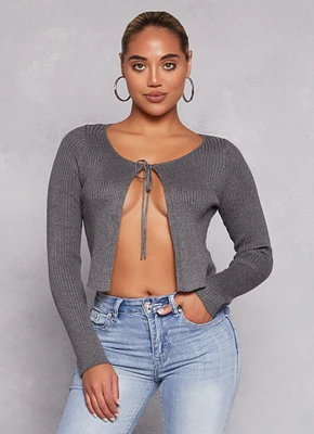 Womens Ribbed Knit Tie Front Cardigan, Grey, Size S