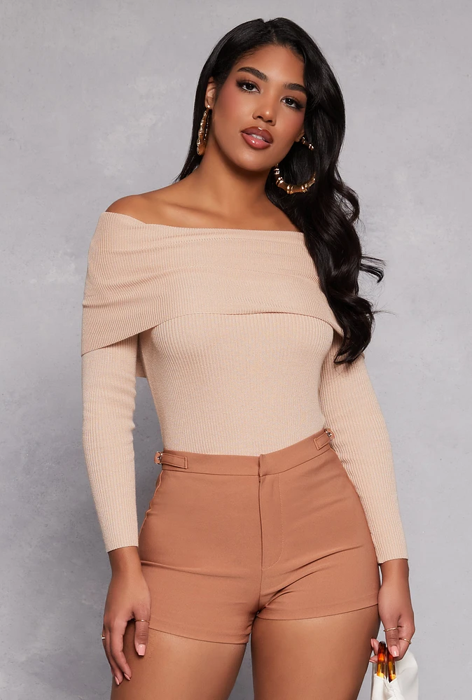 Womens Ribbed Off The Shoulder Long Sleeve Sweater, Beige, Size M