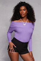 Womens Ribbed Off The Shoulder Long Sleeve Sweater, Purple,