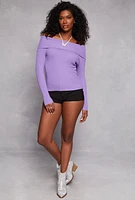 Womens Ribbed Off The Shoulder Long Sleeve Sweater, Purple,