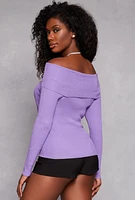 Womens Ribbed Off The Shoulder Long Sleeve Sweater, Purple,