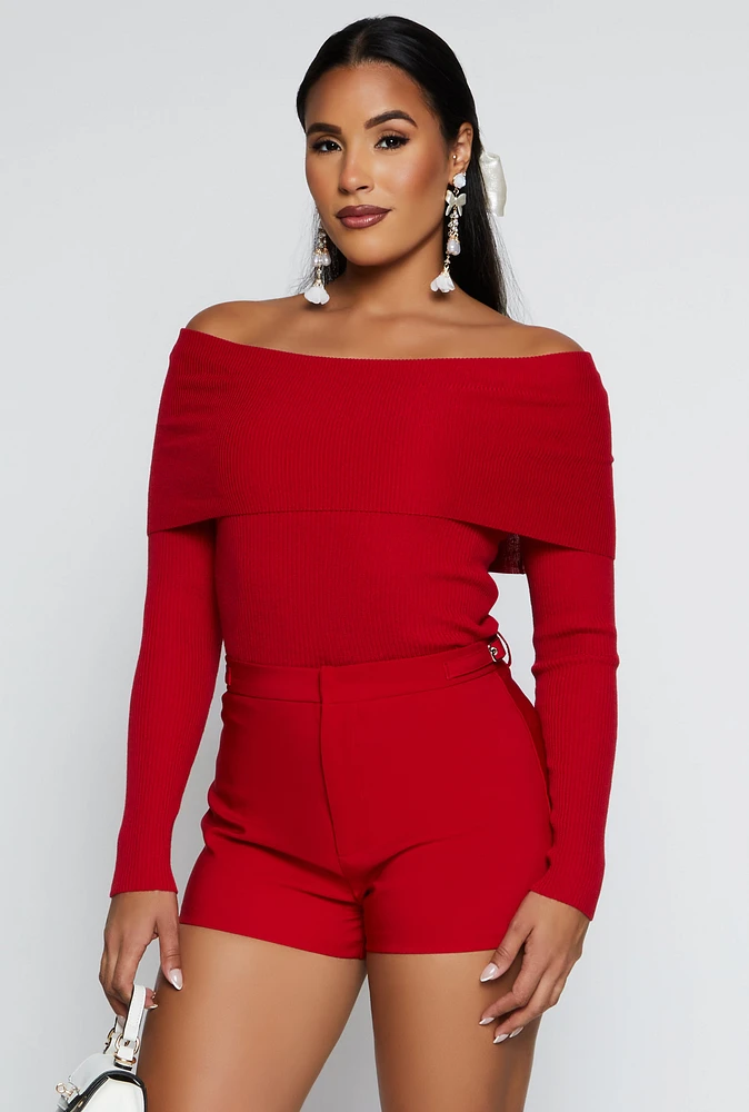 Womens Ribbed Off The Shoulder Long Sleeve Sweater, Red, Size L