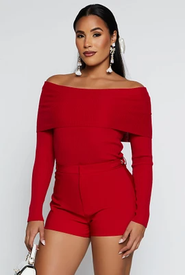 Womens Ribbed Off The Shoulder Long Sleeve Sweater, Red, Size L